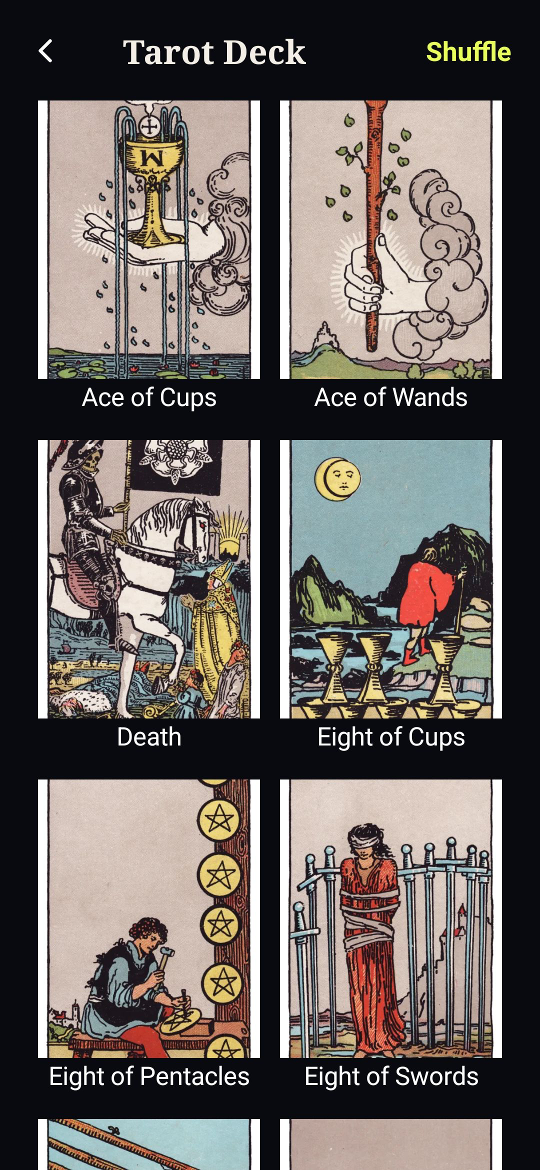 Tarot deck gallery showing illustrated cards