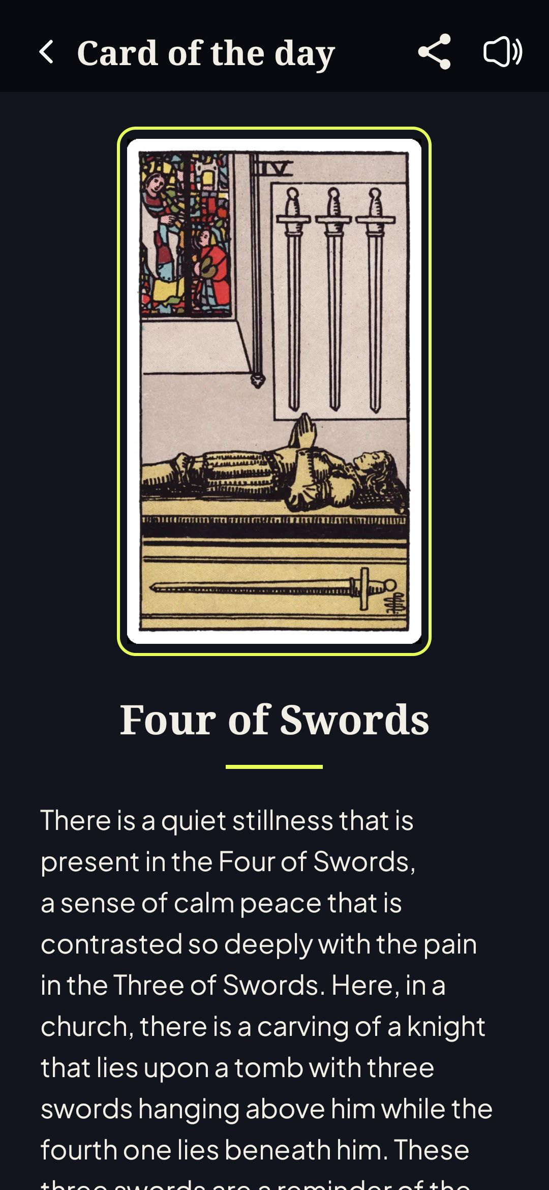 Tarot card detail with a readable interpretation