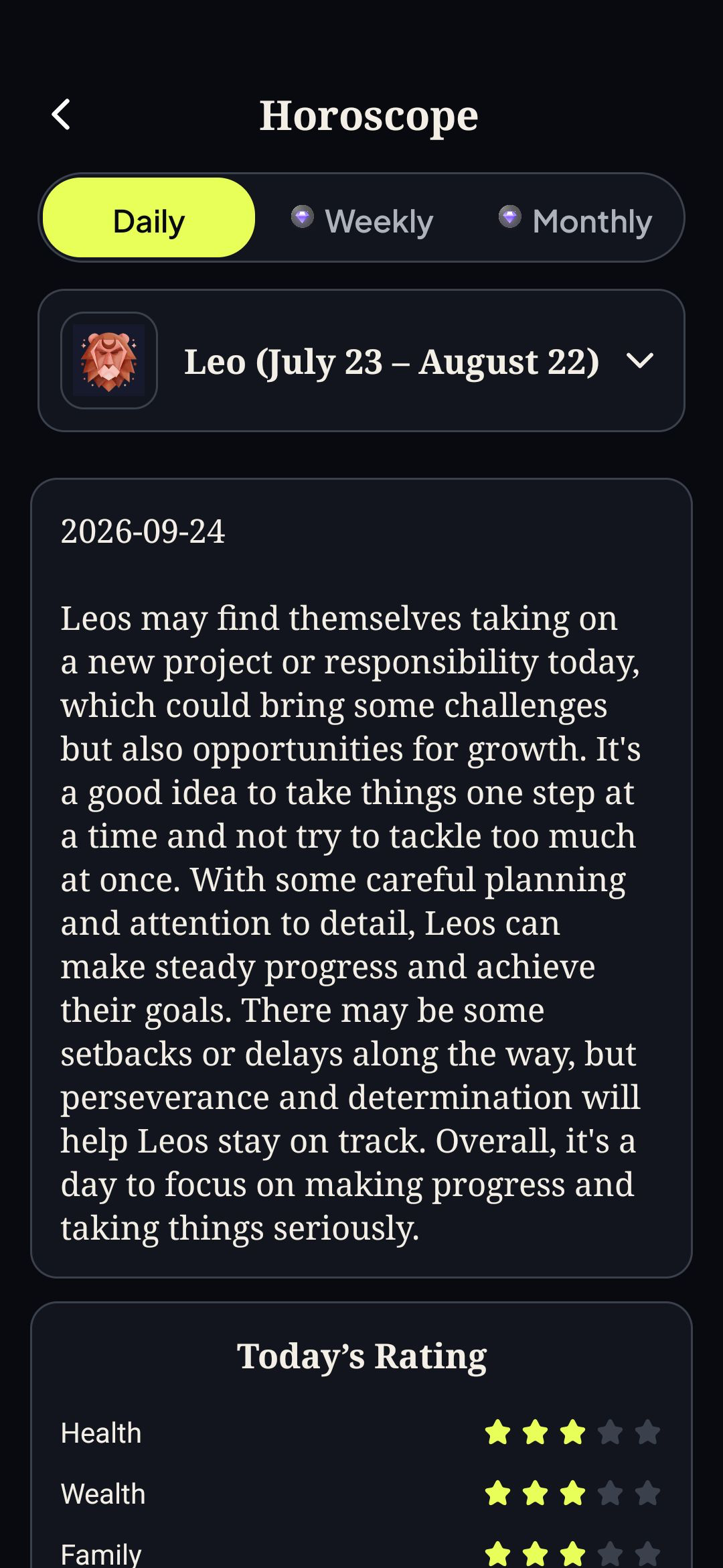Daily horoscope detail for a selected zodiac sign